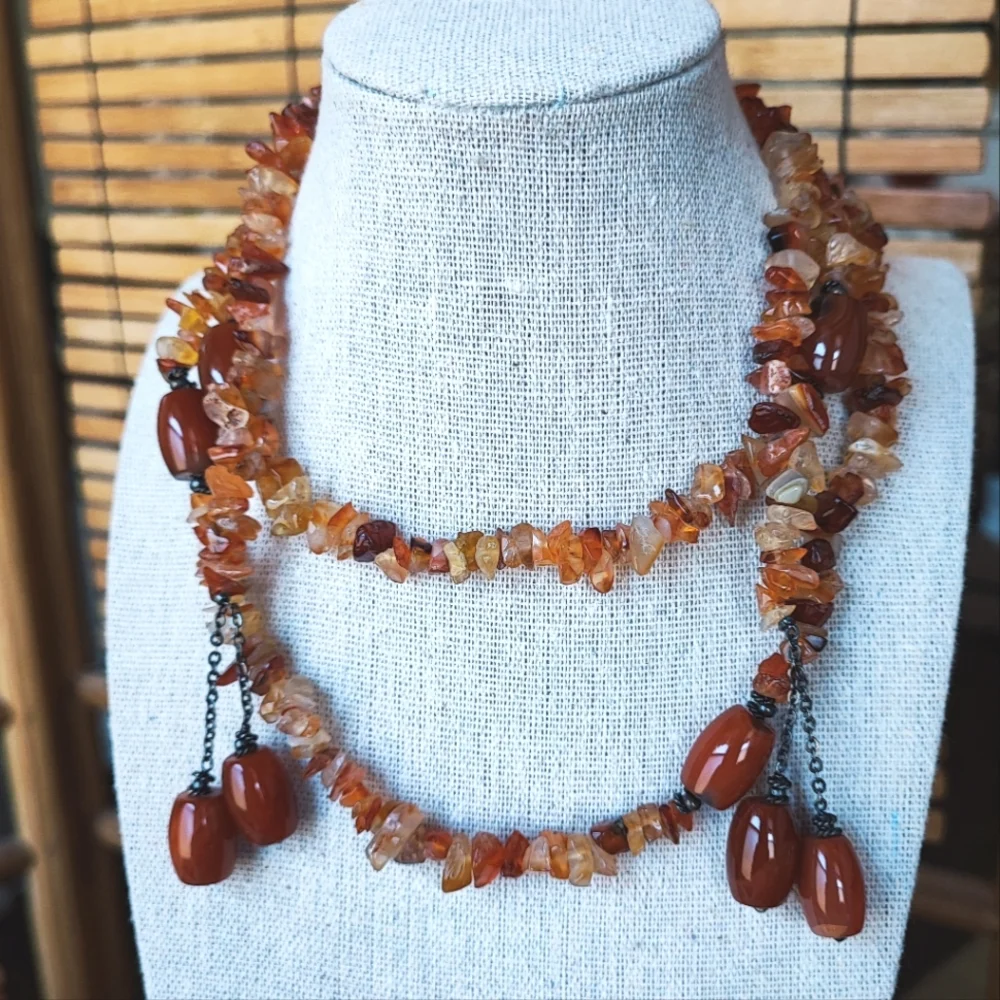 Carnelian Amber Tumbled Rocks Chip Stones Long Semi Precious Lariat Necklace NEW